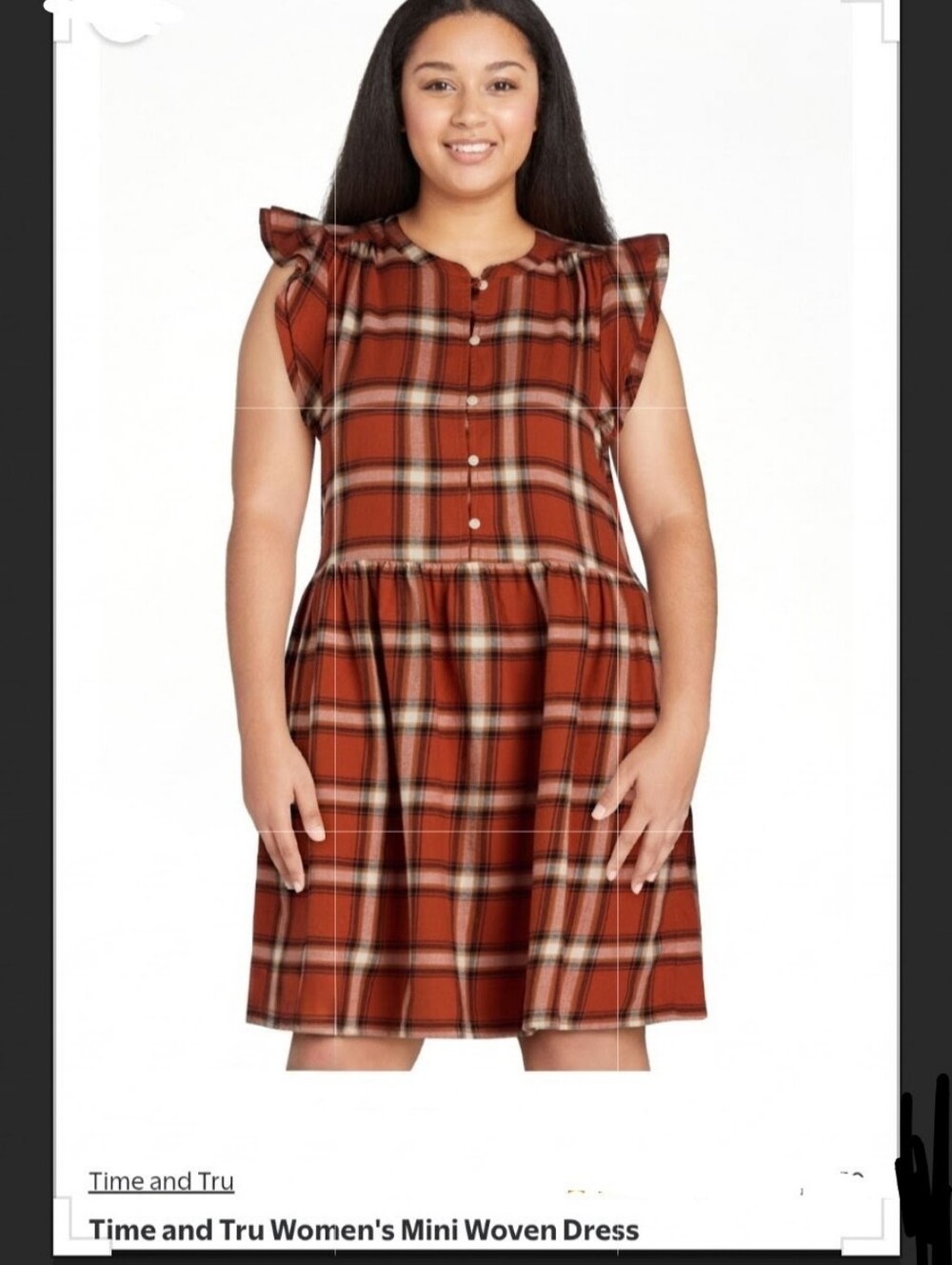 Copper Colors Plaid Peasant Dress Short Sleeves Woven Dress
